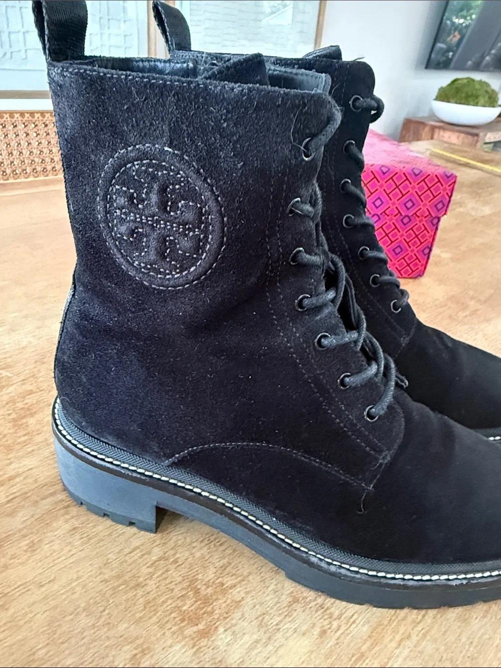 Tory Burch Miller Black Suede Lug Sole Combat Boots - Size 7.5